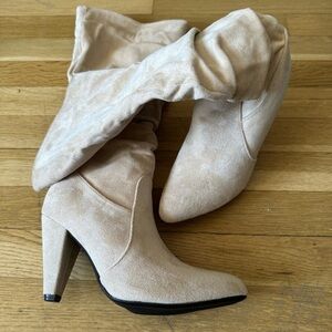 Beige Suede High Heel Slouch Boots – Chic Pointed Toe Zip Up Fall Style.